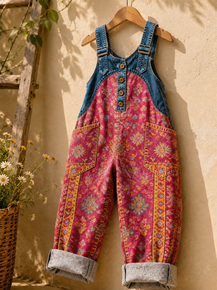 Women's Retro Style Art Print Washed Cotton Denim Patchwork Jumpsuit